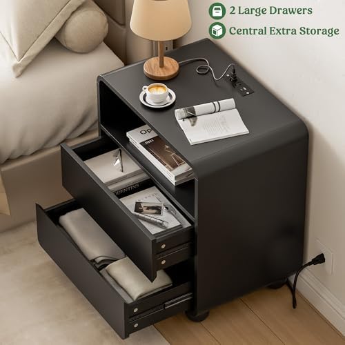 Lulive Night Stand, Bedside End Table with Charging Station, Black