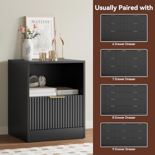 8 Drawer Dresser & 1-Drawer Nightstand Set 3-Piece, Black丨55 Wide Bedroom Dresser Set Night Stand Set of 2, Fluted Modern Wood Chest of Drawers Storage Dressers Set for Bedroom