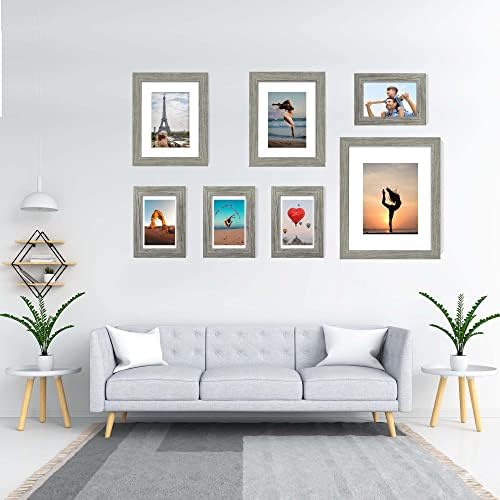 Hongkee 4x6 Picture Frame Set of 4, Made of Real Glass and Grey Wooden Frame, 4 by 6 Photo for Wall or Tabletop - Display Picture 3.5x5 with Mat or 4x6 Without Mat