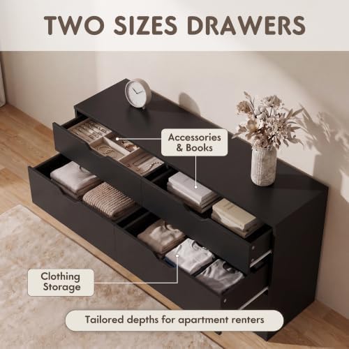 YESHOMY Black Dresser for Bedroom, 47.2" Modern Wood Chest with 6 Drawers