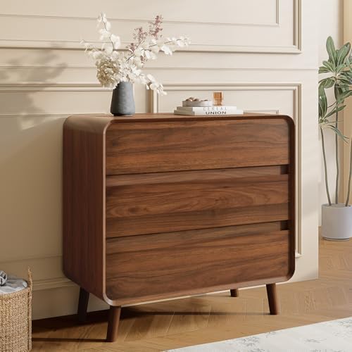 Nasonet 3 Drawer Dressers for Bedroom, Mid Century Modern Chests of Drawers, Curved Dresser with Storage Drawer, Wooden Bedroom Furniture Drawer for Closet, Home Office, Walnut