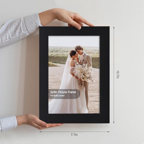 Hongkee 6x9 Picture Frame Set of 4, Made of Real Glass and Black Wooden Frame - 6 by 9 Photo for Wall or Tabletop Display