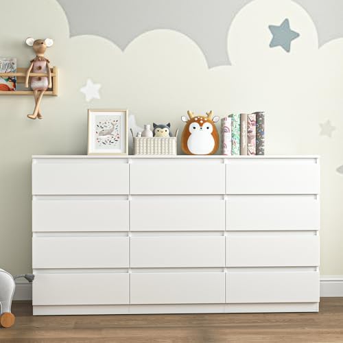 White 12 Drawer Dresser for Bedroom,Modern Long Deep Drawer Dresser,Wood Storage Chest of Drawer, Storage Organizer Drawers for Living Room