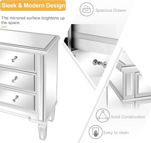Bonnlo Mirrored Dresser 6 Mirror Drawers, Mirrored Cabinet, Glass Mirror Dresser, Modern Chest of Drawers, Silver, 32”L x 12”W