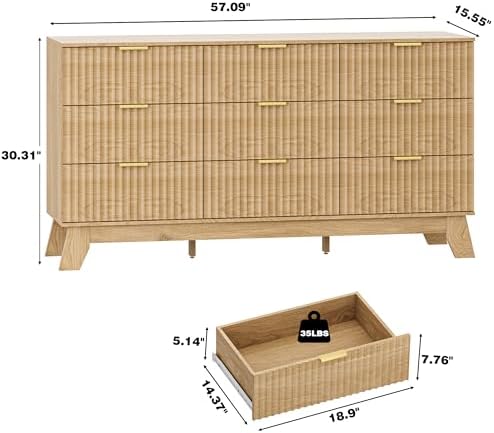HUANLEGO Fluted Dresser for Bedroom with 9 Drawers, Oak