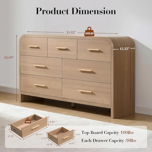 Curved Drawer Dresser for Bedroom with 7 Drawers, 54'' Wide Chest of Drawer