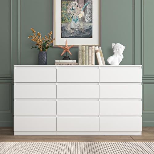 Vibe & Dine 12 Drawer Dresser, 59.1" Large Dresser for Bedroom Free Handle, Modern Wooden Chest of Drawers with Wide Storage for Living Room, White