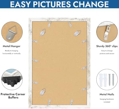 Hongkee 11x17 Picture Frame Set of 4, 11x17 Distressed White Wood, Mat 8x12