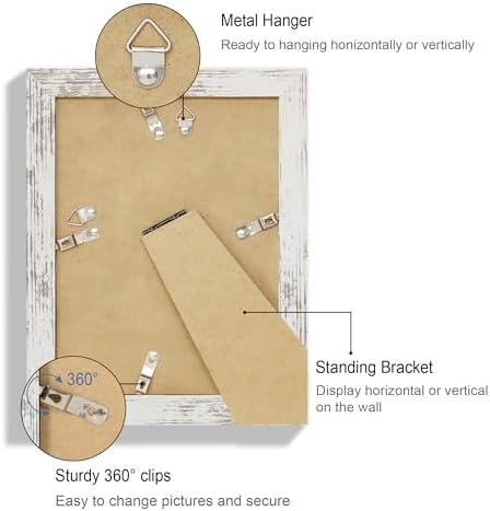 Hongkee 6x8 Picture Frame Set of 4, Made of Real Glass and Distressed White Frame - Display Picture 4x6 with Mat or 6x8 Without Mat, 6 by 8 Photo for Wall or Tabletop