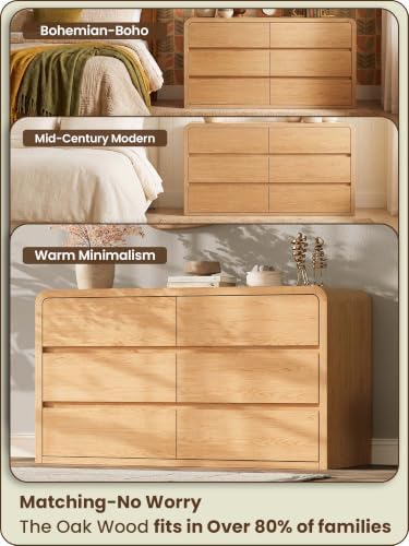 Modern 54" Wide 6 Drawers Dresser with Curved Profile Design,Oak