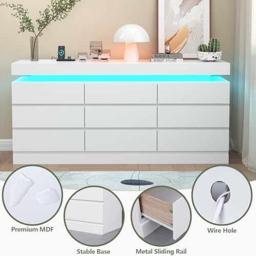 Gyfimoie 9 Drawer Dresser with Power Outlet, Modern Dresser with LED Light