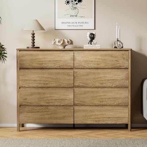 Furniway 55" Wide 8 Drawer Wood Dresser for Bedroom with Legs, Natural Oak