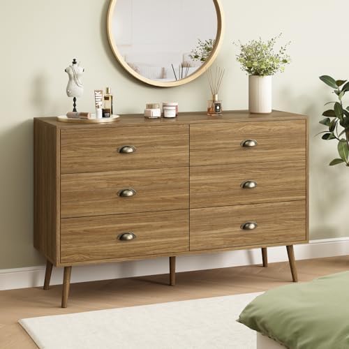Oak 6 Drawer Dresser for Bedroom, 47" Wood Dresser with Gold Handles.