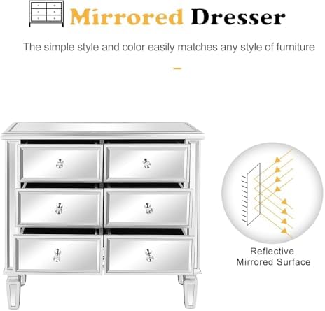 Bonnlo Mirrored Dresser 6 Mirror Drawers, Mirrored Cabinet, Glass Mirror Dresser, Modern Chest of Drawers, Silver, 32”L x 12”W