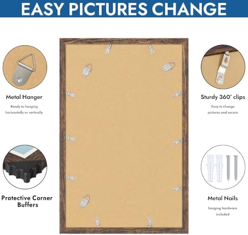 Hongkee 14x22 Picture Frame Set of 4, 14 x 22 Rustic Brown Wood(Mat 12x18)