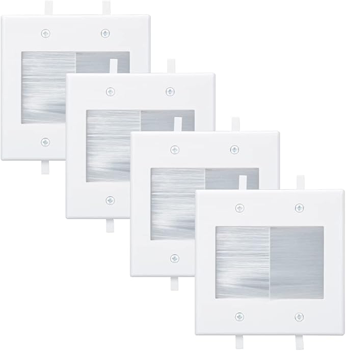 2 Gang Brush Wall Plate, White 2-Gang Wall Plate with Low Voltage Mounting Bracket for Cable Pass Through (Pack of 4)
