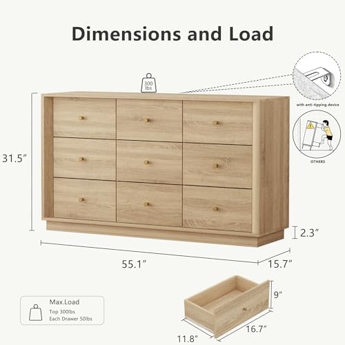 FORTUNETEC 55" Wide 9 Drawer Dresser for Bedroom, Oak