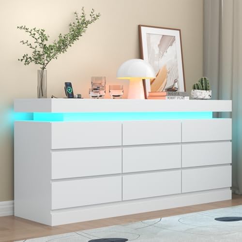 Gyfimoie 9 Drawer Dresser with Power Outlet, Modern Dresser with LED Light