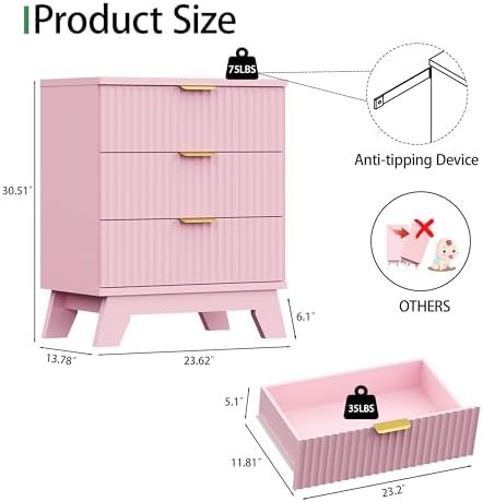 Xixini Fluted Dresser for Bedroom with 3 Drawers, 24" Wide Modern Chest of Drawers with Metal Handle, Wooden Dresser TV Stand, Wood Closet Clothes Storage Organizer for Living Room, Hallway, Pink