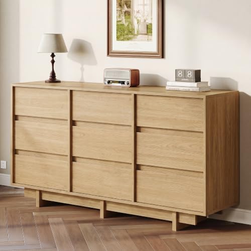 HOUROM Oak Dresser for Bedroom, 59in Modern 9 Drawer Chest of Drawers