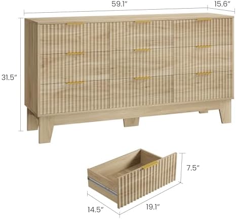 GarveeHome 59" Wide Fluted 9 Drawers Dresser, Oak