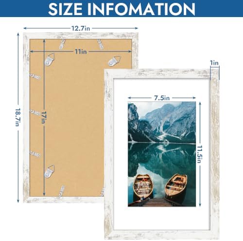 Hongkee 11x17 Picture Frame Set of 4, 11x17 Distressed White Wood, Mat 8x12