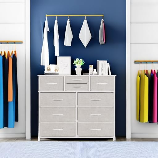 LUMTOK 10 Drawers Dresser with Fabric Bins for Bedroom,Closets，Light Gray