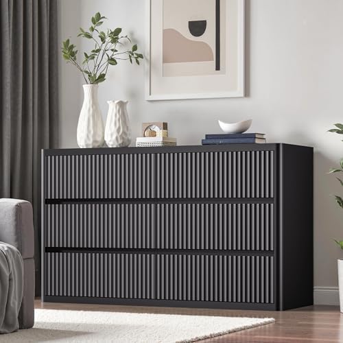 Standifurno Black 6 Drawers Double Dresser, Fluted Dresser for Bedroom, Modern Chest of Drawers with Handleless, Curved Profile Dressers TV Stand, Wood Storage Organizer for Living Room, Hallway