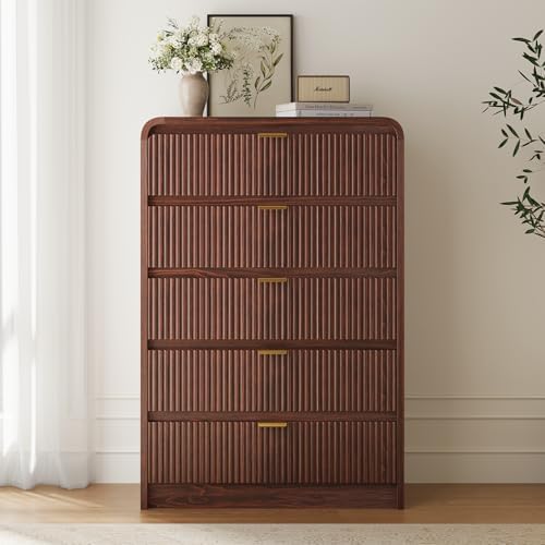 FURSUN Fluted 5 Drawers Dresser for Bedroom, 48" Tall Wooden Modern Dresser with Metal Handle, Curved Profile Design, Storage Organizer for Bedroom, Living Room, Hallway, Dark Walnut