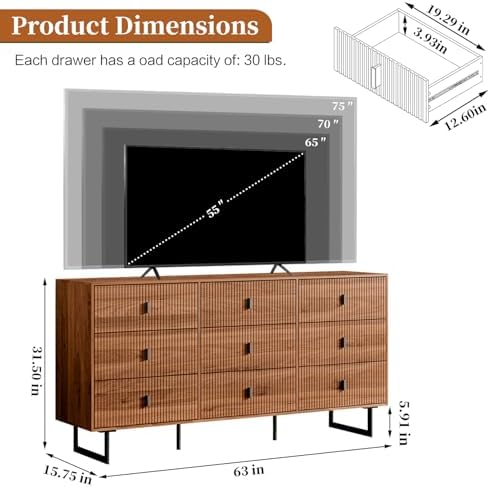 Chrangmay Modern Chest of Drawers with 9 Drawers,Deep Drawers,Clothes Organizer,Large Storage Cabinet for Living Room, Bedroom,Hallway,with Anti-Tipping Device, Caramel