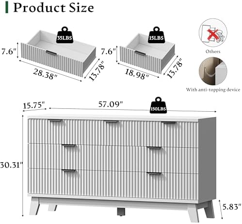 Xixini Fluted Dresser with 7 Drawers, 58" Wide Modern Chest of Drawers with Metal Handle, Wooden Dresser TV Stand, Wood Closet Clothes Storage Organizer for Bedroom, Living Room, Hallway, Solid White
