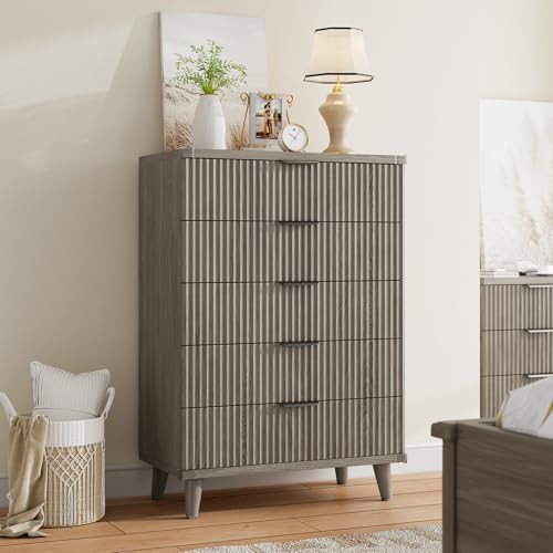 Wood Tall 5 Drawers Dresser, 27.6" W Fluted Modern Dressers for Bedroom