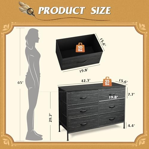 WLIVE Dresser for Bedroom with 6 Drawers, Charcoal Black Wood Grain Print