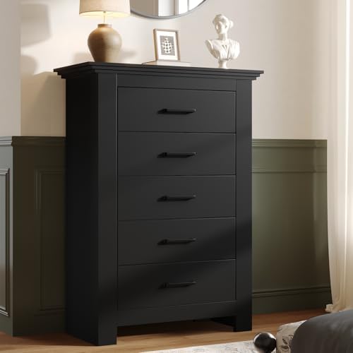 5 Drawer Dresser for Bedroom, Wood Dresser Chests of Drawers with Metal Handle, 47" Tall Vintage Design Storage Dressers for Bedroom, Cabinet Organizer Drawers for Hallway, Entryway, Closet, Black
