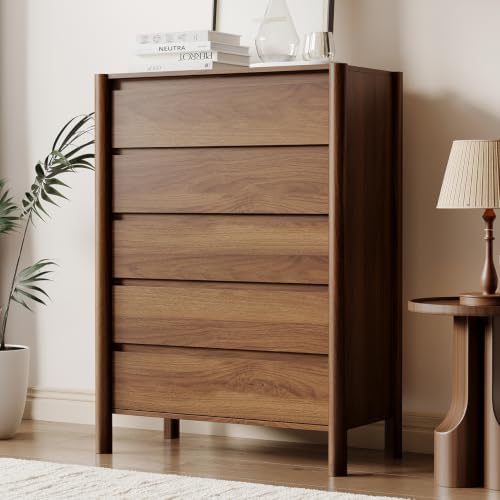HOUROM Walnut Dresser for Bedroom,45"Tall 5 Drawer Mid Century Modern Chest