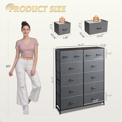 WLIVE 12 Drawer Tall Fabric Dresser Bedroom Storage Chest, Dark Grey