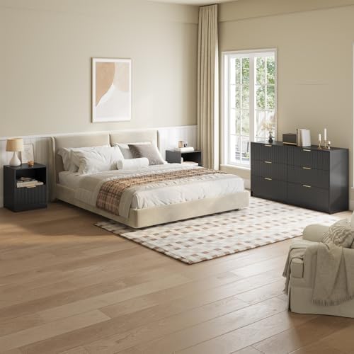 6 Drawer Dresser & 1-Drawer Nightstand Set 3-Piece, Black丨55 Wide Bedroom Set Night Stand Set of 2 with Metal Handle, Fluted Wood Chest of Drawers Storage Dressers Set for Bedroom