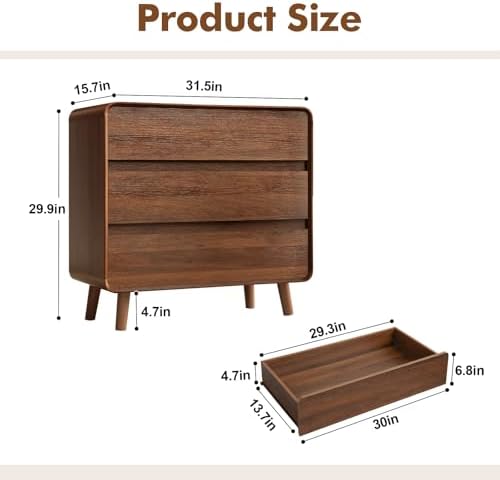 Nasonet 3 Drawer Dressers for Bedroom, Mid Century Modern Chests of Drawers, Curved Dresser with Storage Drawer, Wooden Bedroom Furniture Drawer for Closet, Home Office, Walnut