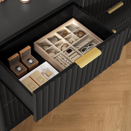 TEENFON Fluted Dresser for Bedroom with 9 Drawers, 63" Wide Modern Chest of Drawers with Metal Handle & Curved Profile Design, Wood Closet Clothes Storage Organizer for Living Room, Hallway, Black