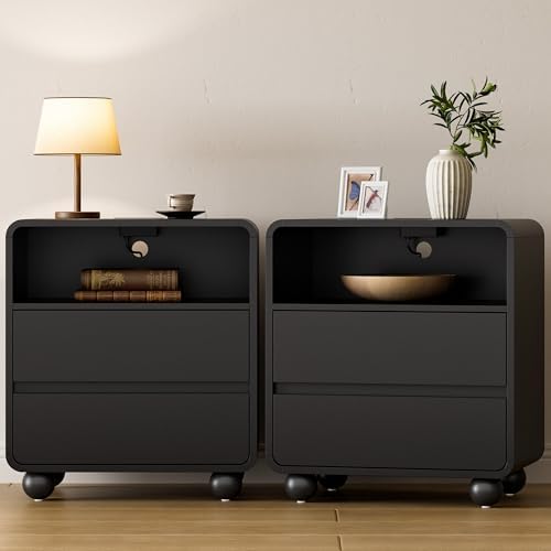 Lulive Night Stand, Bedside End Table with Charging Station, Black