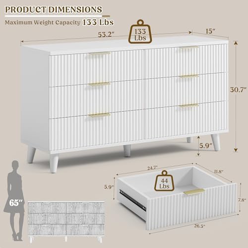 Wood Tall 6 Drawers Dresser, 53.2" W Fluted Modern Dressers for Bedroom
