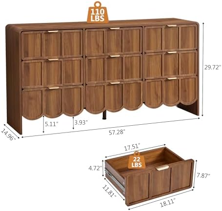 ORRD 9 Drawer Dresser for Bedroom, Modern Closet Chest of Drawers with Wave Fluted Drawer, Wood Storage Small Dresser Organizer for Nursery Bedroom Living Room Hallway Closet (Walnut)