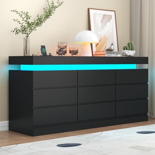 Gyfimoie 9 Drawer Dresser with Power Outlet, Modern Dresser with LED Light