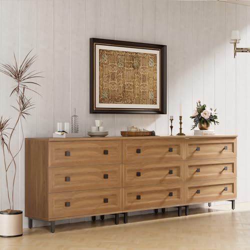 FENSULN Modern Dresser for Bedroom with 9 Drawers, 3 in 1 Wooden Chest of Drawers with Organizer Storage for Bed Room,Livingroom Hallway Oak