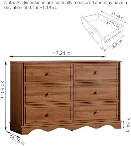 Chrangmay Modern Chest of Drawers with 6 Drawers,Deep Drawers,Clothes Organizer,Large Storage Cabinet for Living Room, Bedroom,Hallway,with Anti-Tipping Device, Brown