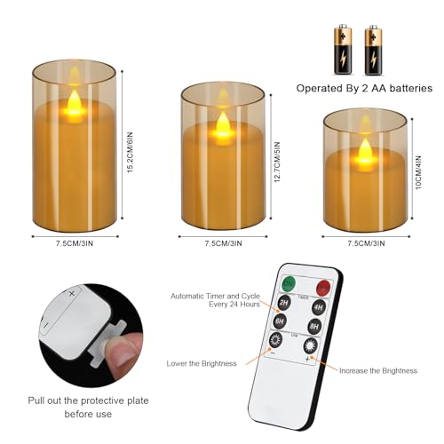 wemarry Flameless Candles 4" 5" 6" Acrylic Glass Pillars 3" Diameter Battery Operated Flickering Candles Include 8-Key Remote with Timer Function 400+ Hours (Amber, Warm Light 3 Pack) - color: Amber, size: Warm Light 3 Pack