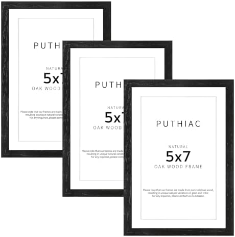 puthiac 5x7 Solid Oak Wood Picture Frames, Black, 3 Pack