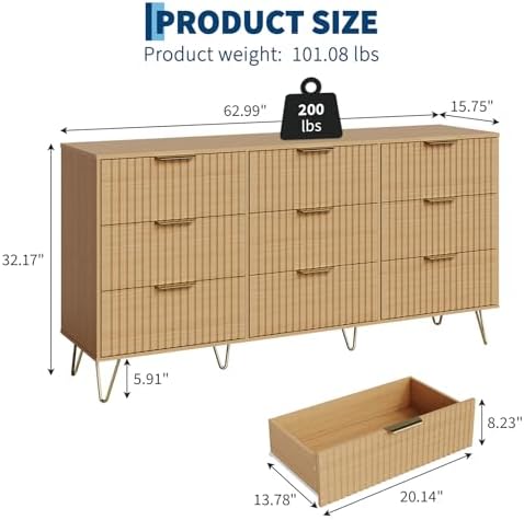 Garvee 63" Wide Fluted Dresser for Bedroom with 9 Drawers, Modern Wooden Chest of Drawers with Metal Handles, Large Clothes Storage Organizer & TV Stand for Living Room, Closet, Hallway, Oak Finish