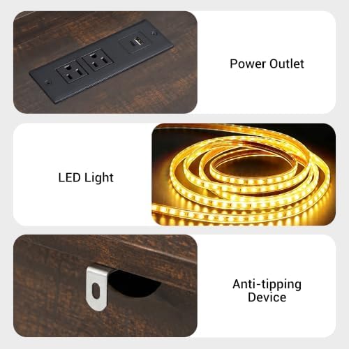 Farmhouse 9 Drawer Dresser with LED Light and Charging Station, Brown