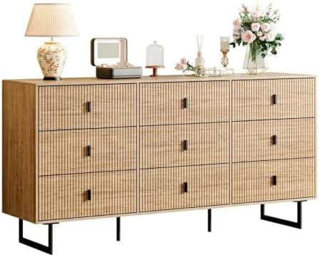 Chrangmay Modern Chest of Drawers with 9 Drawers,Deep Drawers,Clothes Organizer,Large Storage Cabinet for Living Room, Bedroom,Hallway,with Anti-Tipping Device,Natural